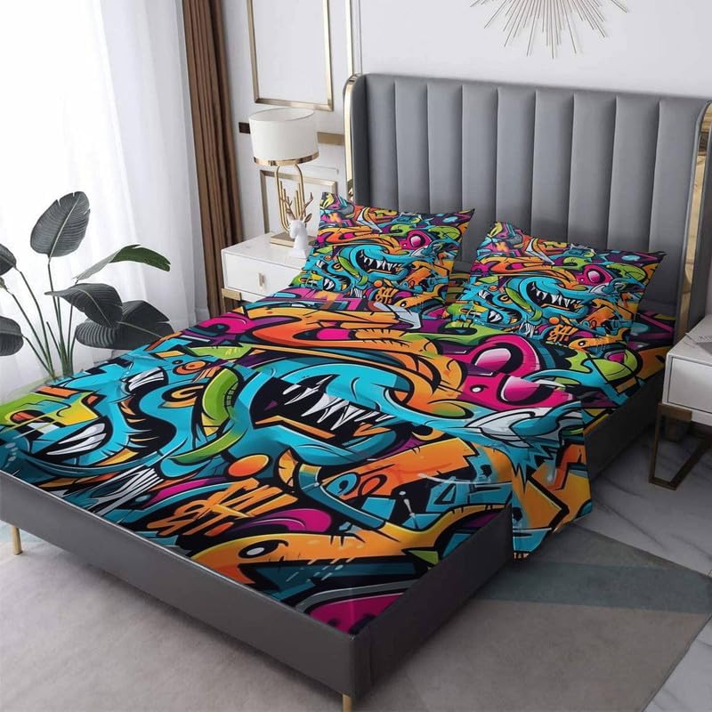 zcsm Graffiti Sheets – Juego de sábanas tamaño Queen, sábanas de microfibra suave y bolsillo profundo, sábanas y fundas de almohada estampadas sin