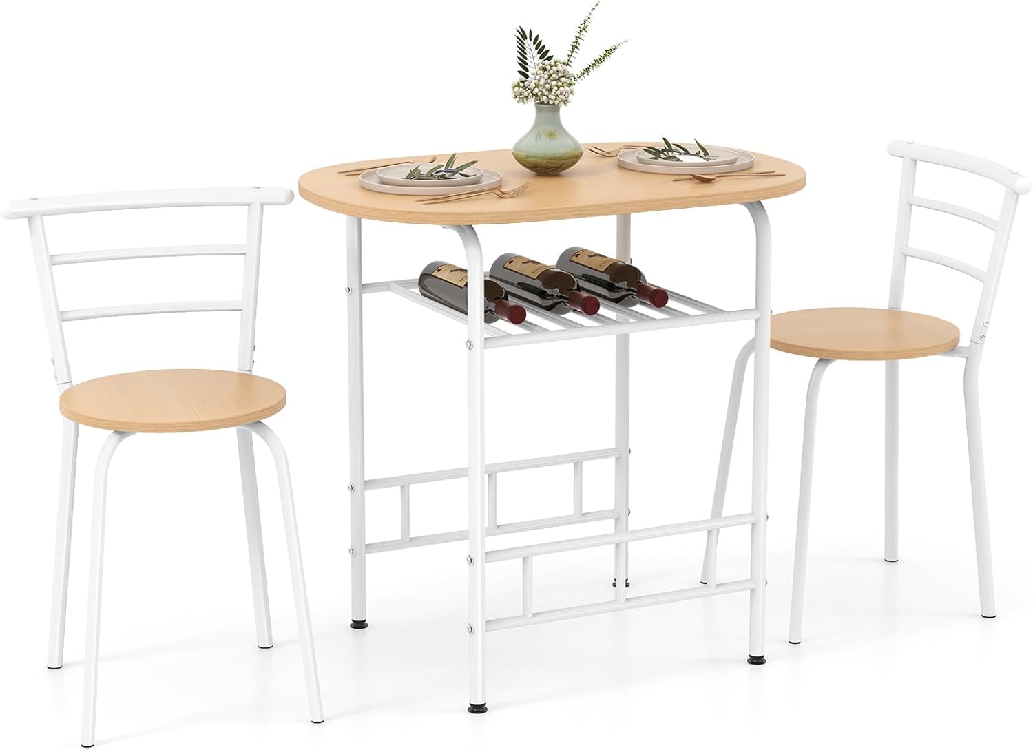 COSTWAY Juego de mesa de comedor de 3 piezas para 2, moderno juego de mesa redonda con 2 taburetes, mesa de pub y sillas, juego de comedor con capa