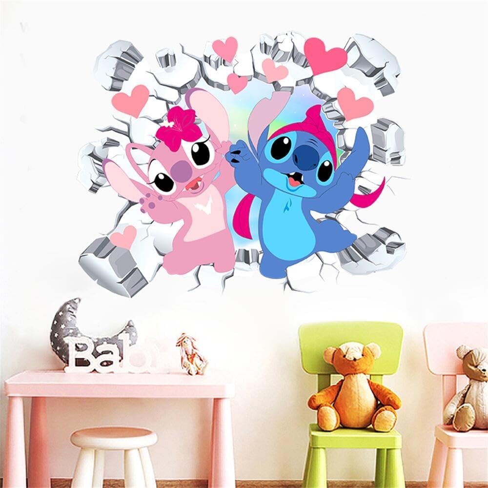 FANG LIAN – Calcomanías de pared de Lilo y Stitch, calcomanías de pared de dibujos animados, diseño de puntada extraíble, decoración mural para