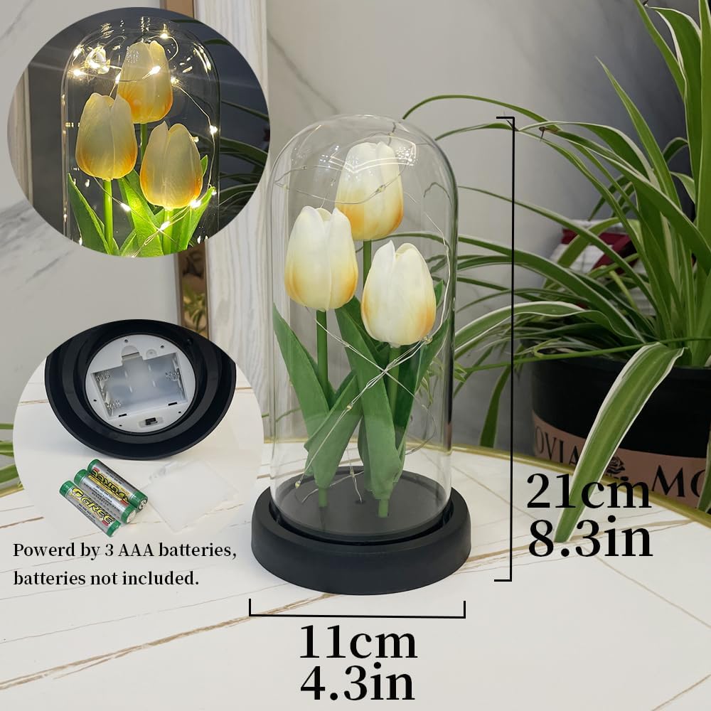 Lámpara LED de tulipán, luz nocturna de flores artificiales, hecha a mano, tulipanes iluminados en cúpula de cristal, lámpara de mesa, decoración de