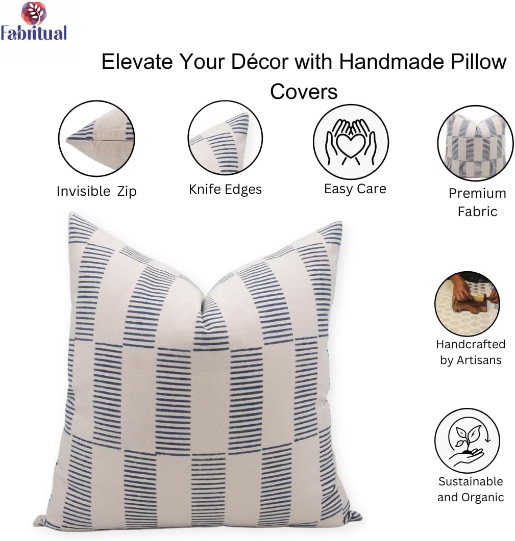 Fundas de almohada de lona de pato con estampado de bloques de 16 x 16 pulgadas, hechas a mano, fundas de almohada vintage para sofá y sofá, funda