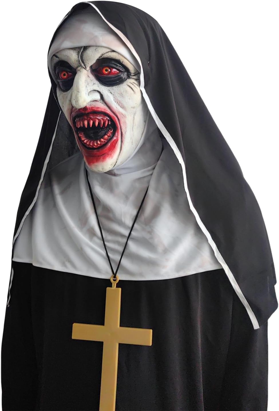 Máscara realista de monja malvada de cabeza completa con collar de cruz, máscara de monja sangrienta aterradora, disfraz de monja de Halloween,