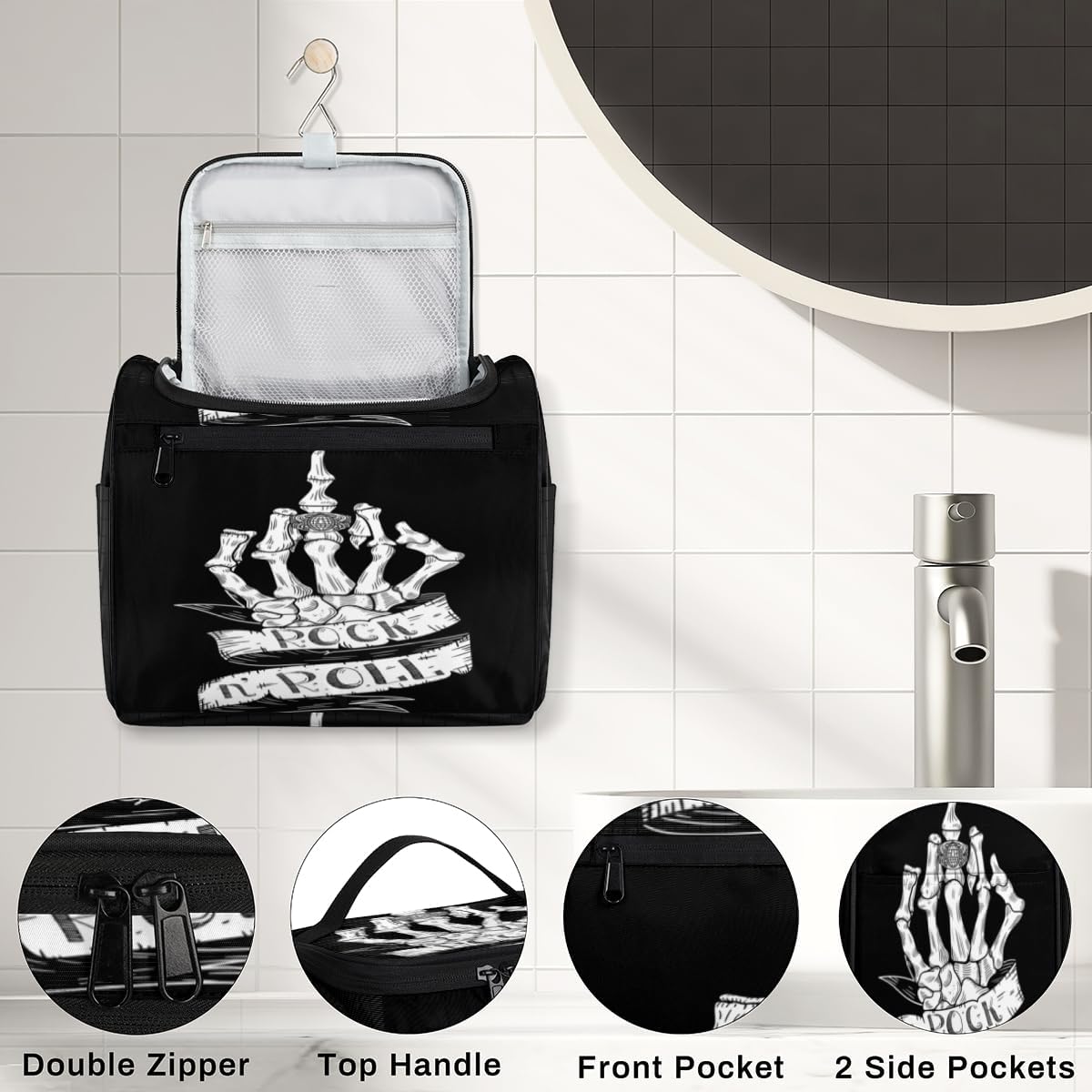 Halloween Skulls Pattern Toiletry Bag for Women Travel Makeup Organizer with Hanging Hook Traveling Cosmetic Bags for Toiletries Accessories