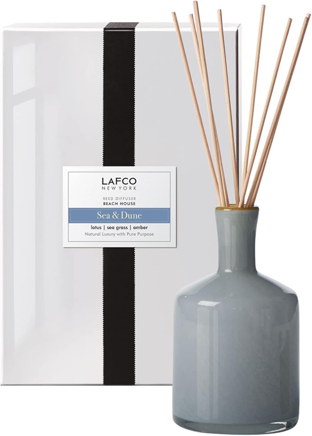 LAFCO New York Difusor de varillas Signature Sea & Dune, 15 onzas, hasta 9 meses de vida de fragancia, reutilizable, recipiente de vidrio soplado a