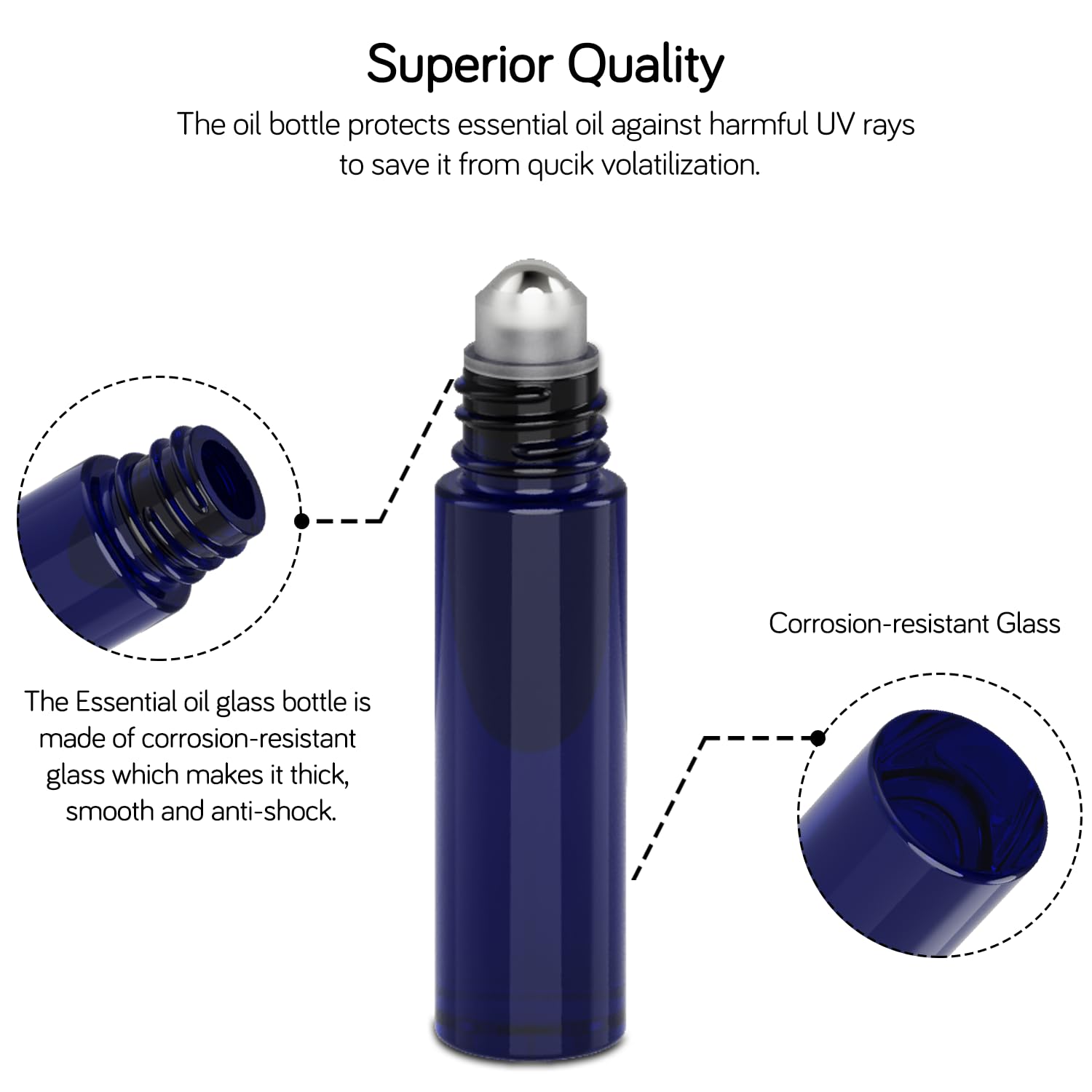 PrettyCare Botellas enrollables para aceites de 0.3 fl oz (vidrio azul, paquete de 24, 2 bolas de acero inoxidable adicionales, 2 goteros, 1 cepillo