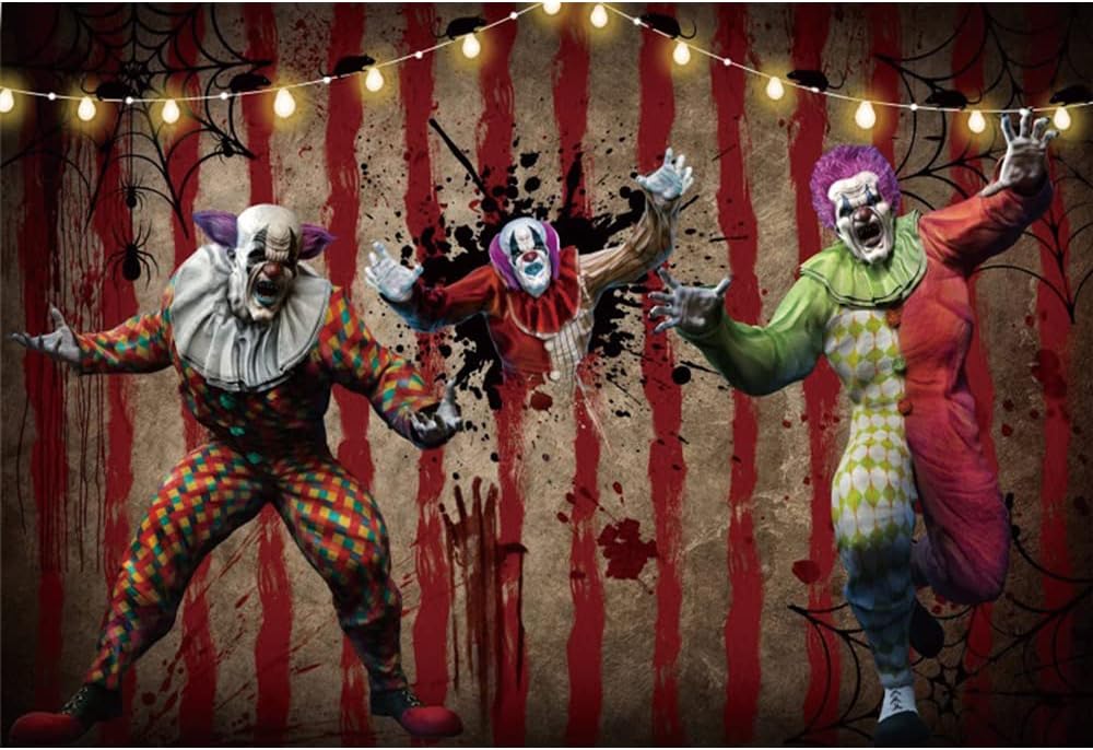 OERJU Telón de fondo de payaso de Halloween de 10 x 7 pies, diseño de terror de circo, carnaval, huella de mano sangrienta, telaraña, fotografía,