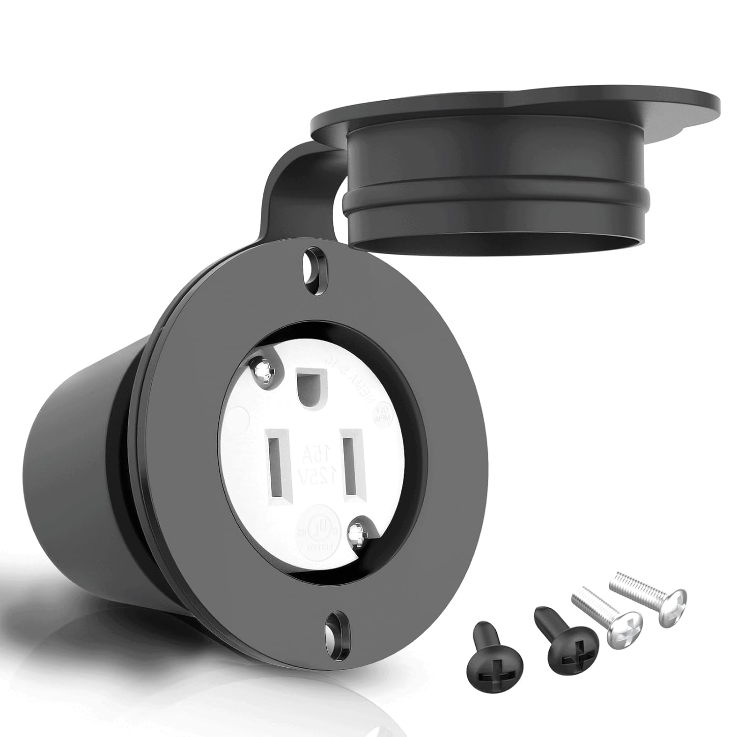 Toma de corriente con bridas, NEMA 5-15 15 Amp Toma de corriente con brida de hoja recta con tapas, listado cUL, 120-125 voltios, 2 polos-3 cables,