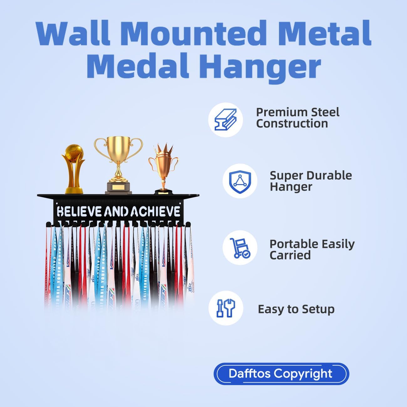 Soporte para medallas, soporte de cinta, estante de exhibición de medallas de pared, organizador de trofeos de metal, marco de premios, cinta de