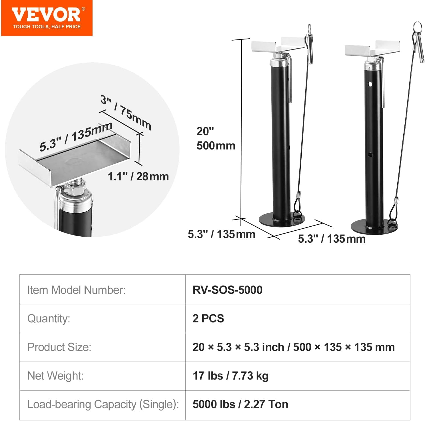 VEVOR RV Slide Out Support Jacks, 5000 lbs Capacity Each Slide Out Stabilizer, Adjusts from 20″-48″ Camper Slide Out Support Jacks, Heavy-Duty