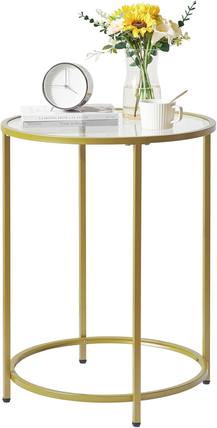 YMYNY UHGD020G – Mesa auxiliar redonda de vidrio templado, mesa auxiliar dorada para oficina, dormitorio, sala de estar, marco de metal, decoración