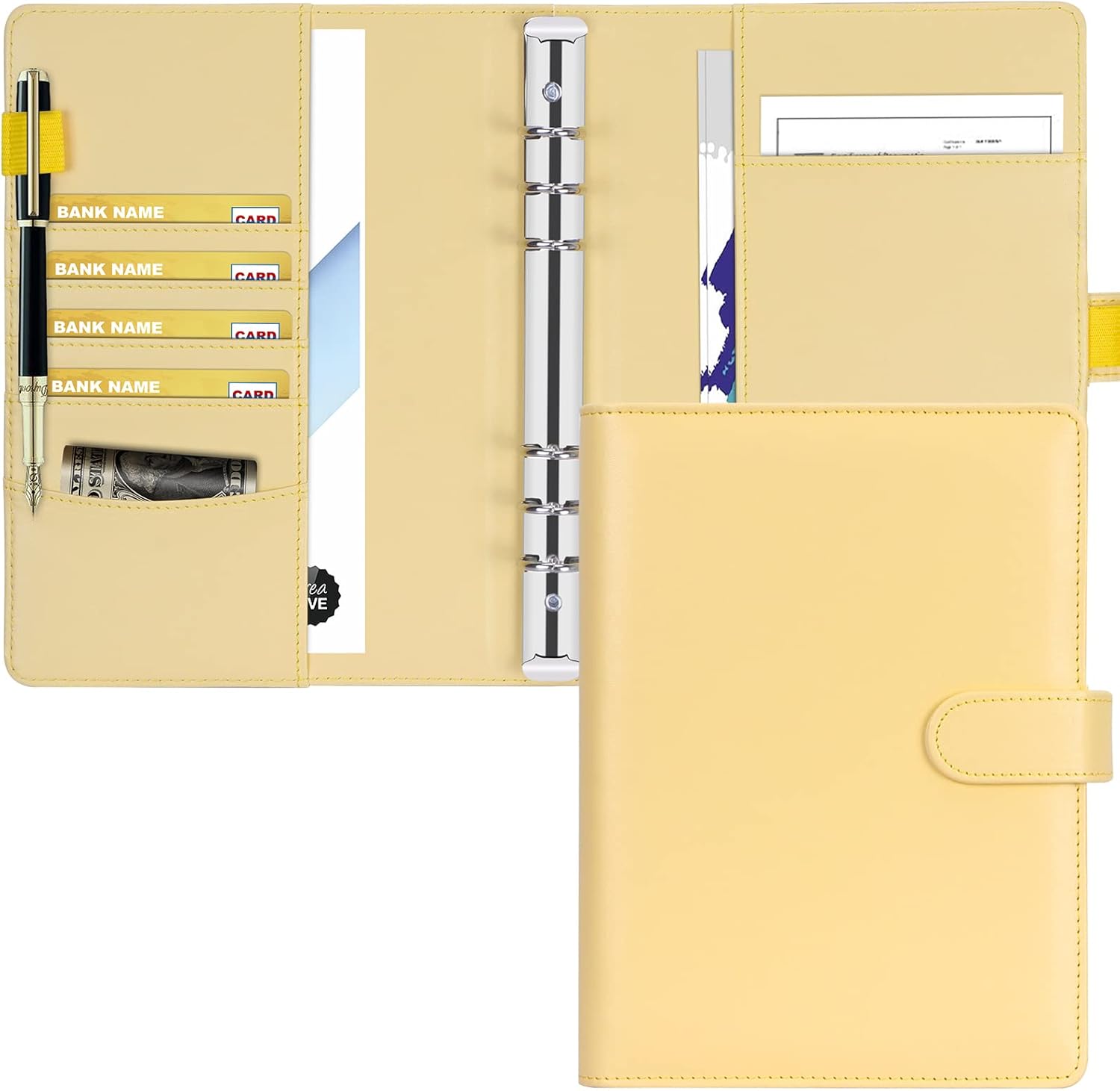 Toplive Carpeta A5 con 6 anillas, planificador de presupuesto, recargable, cubierta de carpeta Makaron, color amarillo, A5, cuaderno de piel