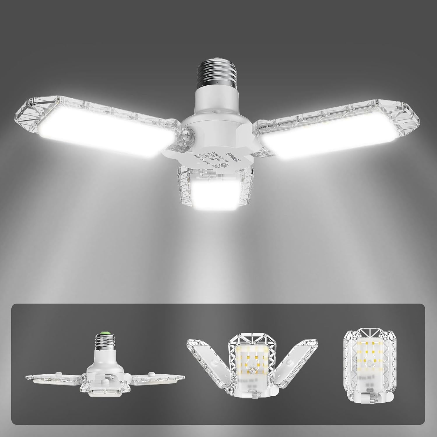 SANSI Luz de techo LED de garaje de 300 W, deformable, 3300 lúmenes, 5000 K, luz diurna blanca brillante, luces LED con 3 paneles ajustables,