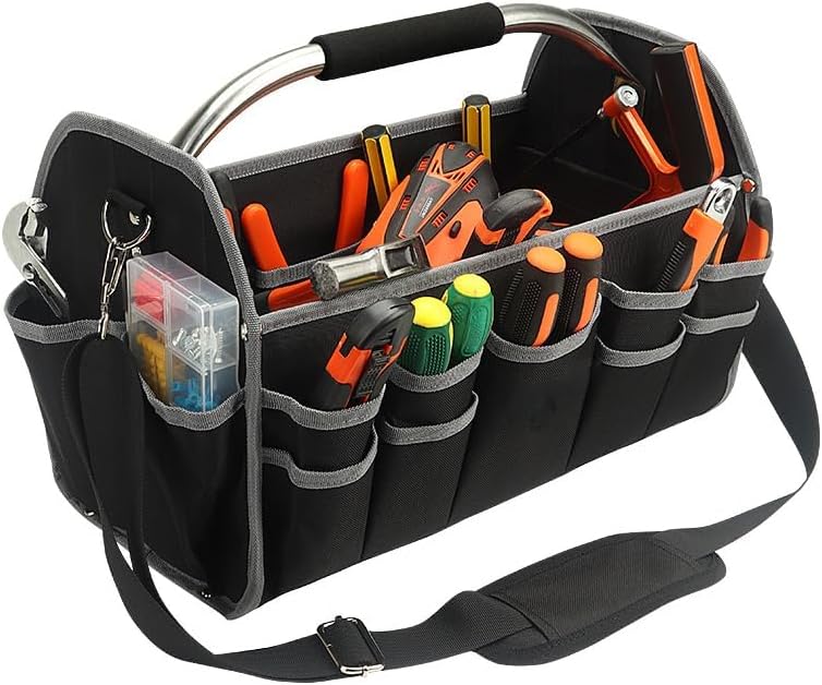 Bolsa de herramientas para electricista de 16 pulgadas, con parte superior abierta, material reforzado 600D con 16 bolsillos externos, asa de acero