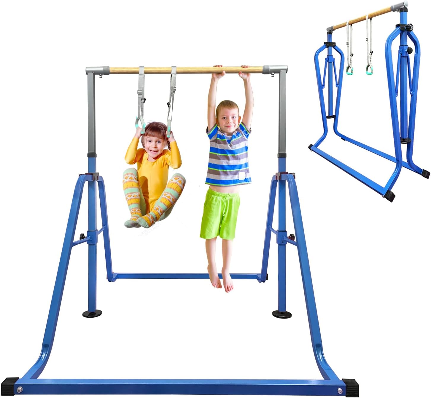 Barra de gimnasia para niños con juego de anillos, 7 alturas ajustables, fácil de plegar, barra de entrenamiento de gimnasia para niños, barras
