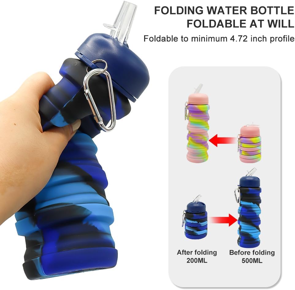 Paquete de 2 botellas de agua plegables de silicona, a prueba de fugas, portátiles de 16 onzas, expandibles, vasos deportivos con popote, sin BPA,