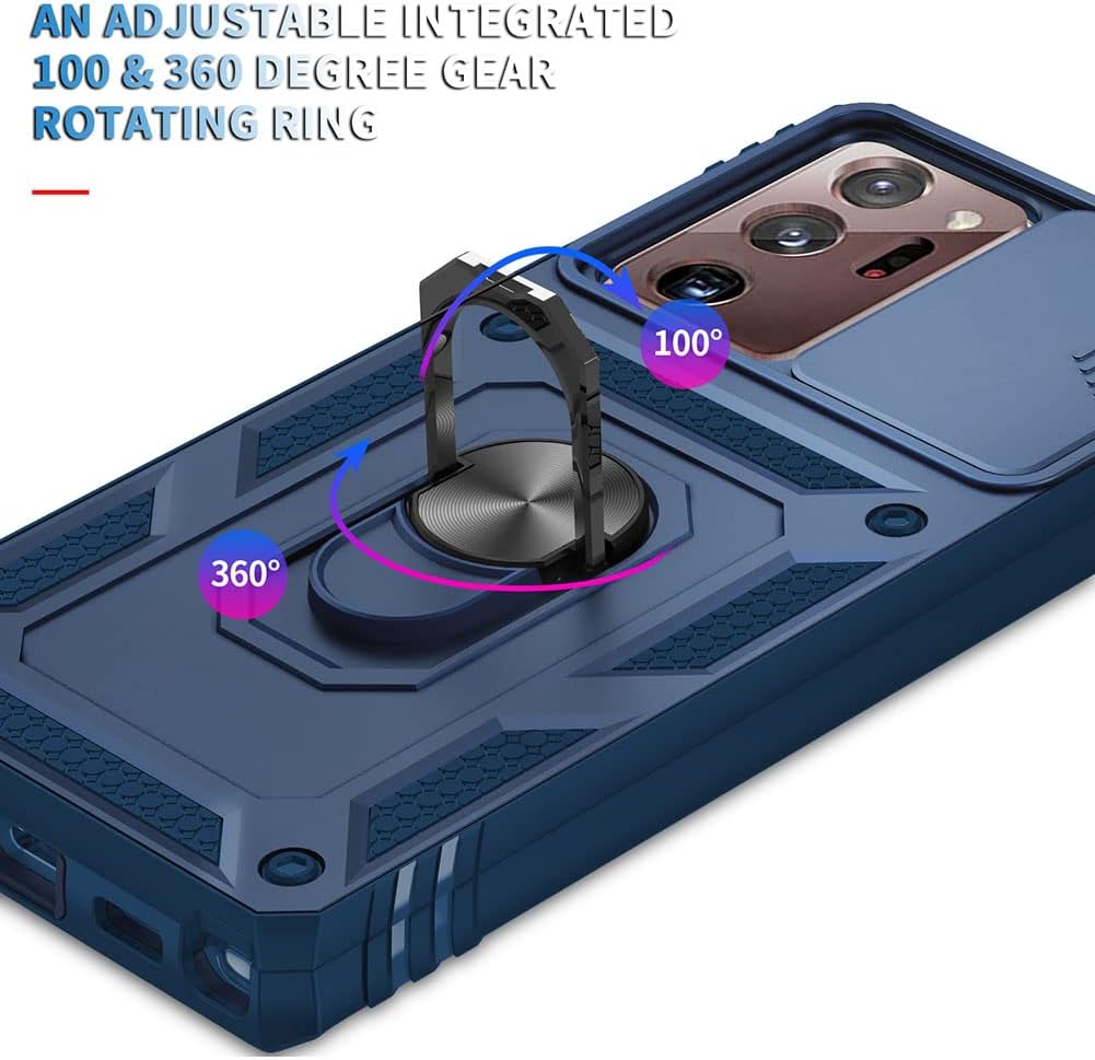 Funda para Samsung Galaxy Note 20 Ultra con cubierta deslizante para cámara y ranura para tarjeta y soporte de anillo, a prueba de golpes, grado