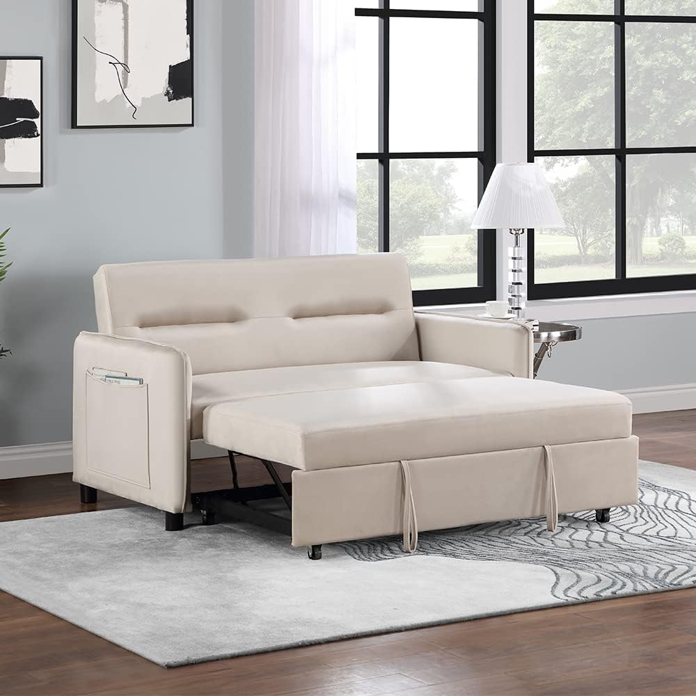 P PURLOVE Sofá biplaza convertible moderno de 57 pulgadas, respaldo ajustable, sofá de 2 plazas con cama extraíble con bolsillo lateral, 2 almohadas