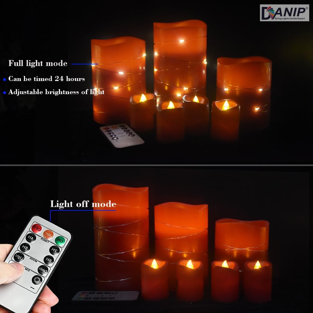 Vela LED roja sin llama con cuerda de estrella incrustada, juego de 3+4 piezas de velas LED, con control remoto de 11 botones, función de