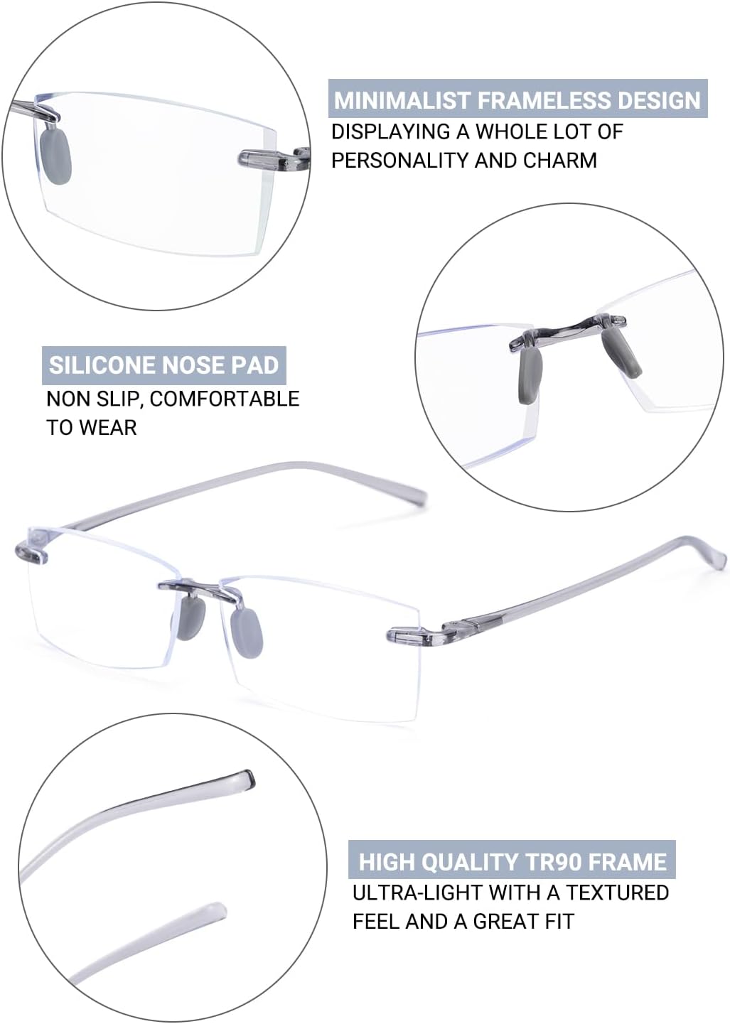 TERAISE Anteojos de lectura sin montura cómodos, ligeros, sin marco, para hombres y mujeres, con bloqueo de luz azul, lentes de computadora