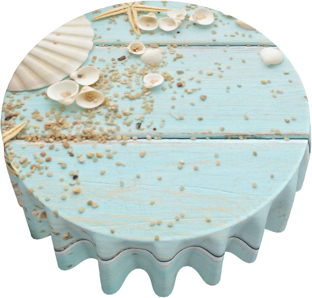 Giwawa Mantel redondo de conchas marinas, diseño de estrella de mar sobre tablero de madera azul, diseño de playa costera, 60 pulgadas, para