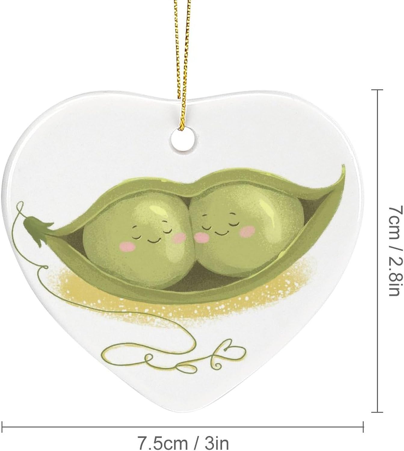 Adornos de cerámica para árbol de Navidad, 2.8 pulgadas con caja para árbol de Navidad, adorno en forma de corazón, dos guisantes verdes en la vaina