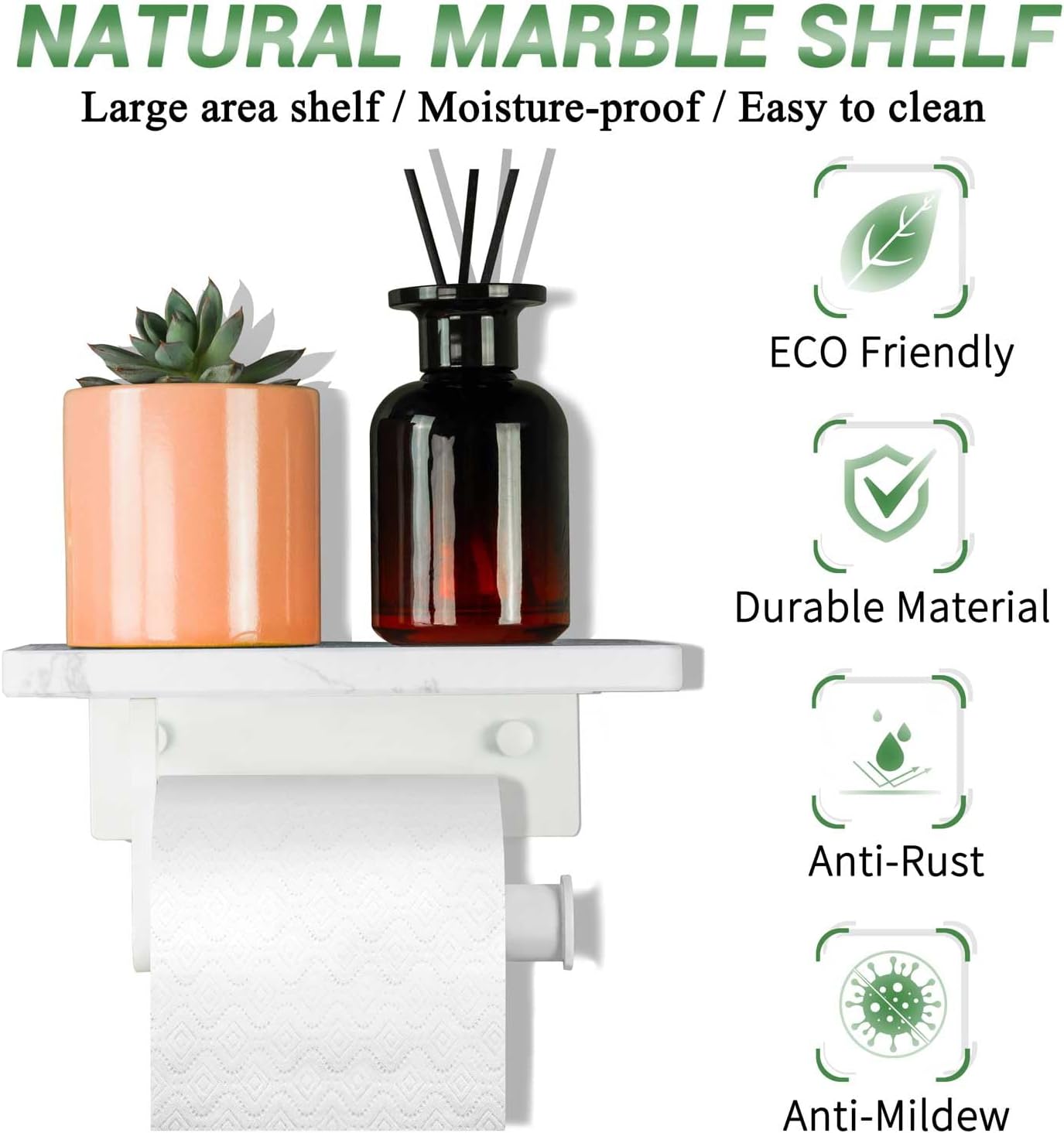 Soporte de papel higiénico de mármol con estante, soporte de papel higiénico de acero inoxidable con tornillo de acero inoxidable montado en la