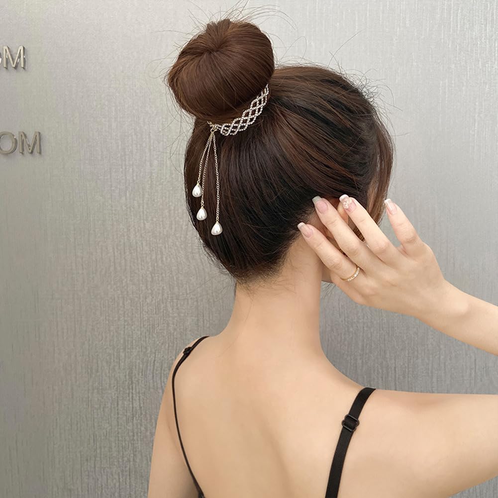 3 pinzas para el cabello con borlas y diamantes de imitación de perlas, pasadores de pelo de metal francés, soporte para moño, cola de caballo alta,