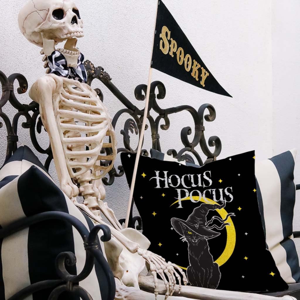 Fundas de almohada de Hocus Pocus, diseño de gato negro de Halloween, 18 x 18 pulgadas, sombrero de bruja espeluznante de luna, funda de almohada