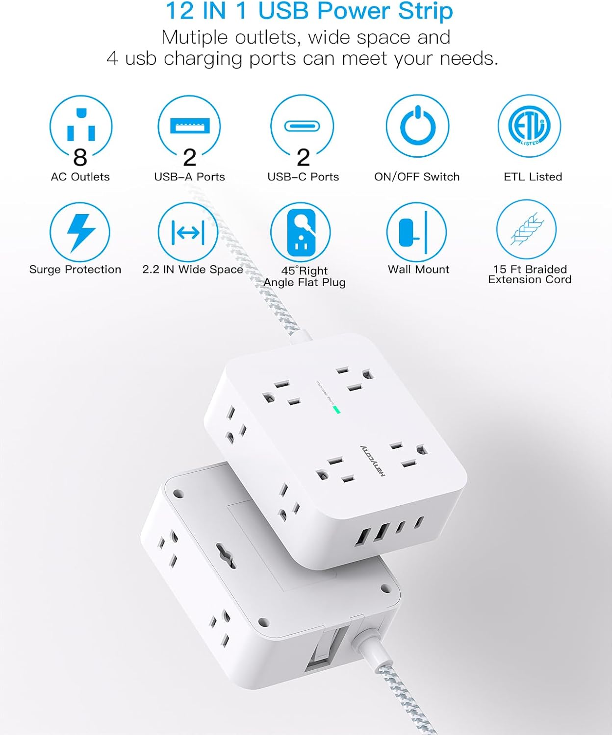 Regleta protectora de sobretensiones de 15 pies de largo, cable de extensión de 15 pies con 8 tomas, 4 puertos USB (2 USB C), enchufe plano,