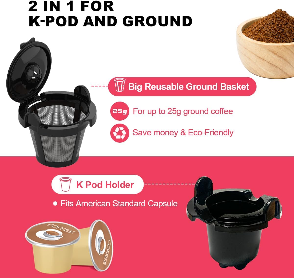 Cafetera de una sola porción, cafetera de taza 2 en 1 K para cápsulas y café molido, cafetera pequeña de una taza con función de autolimpieza,