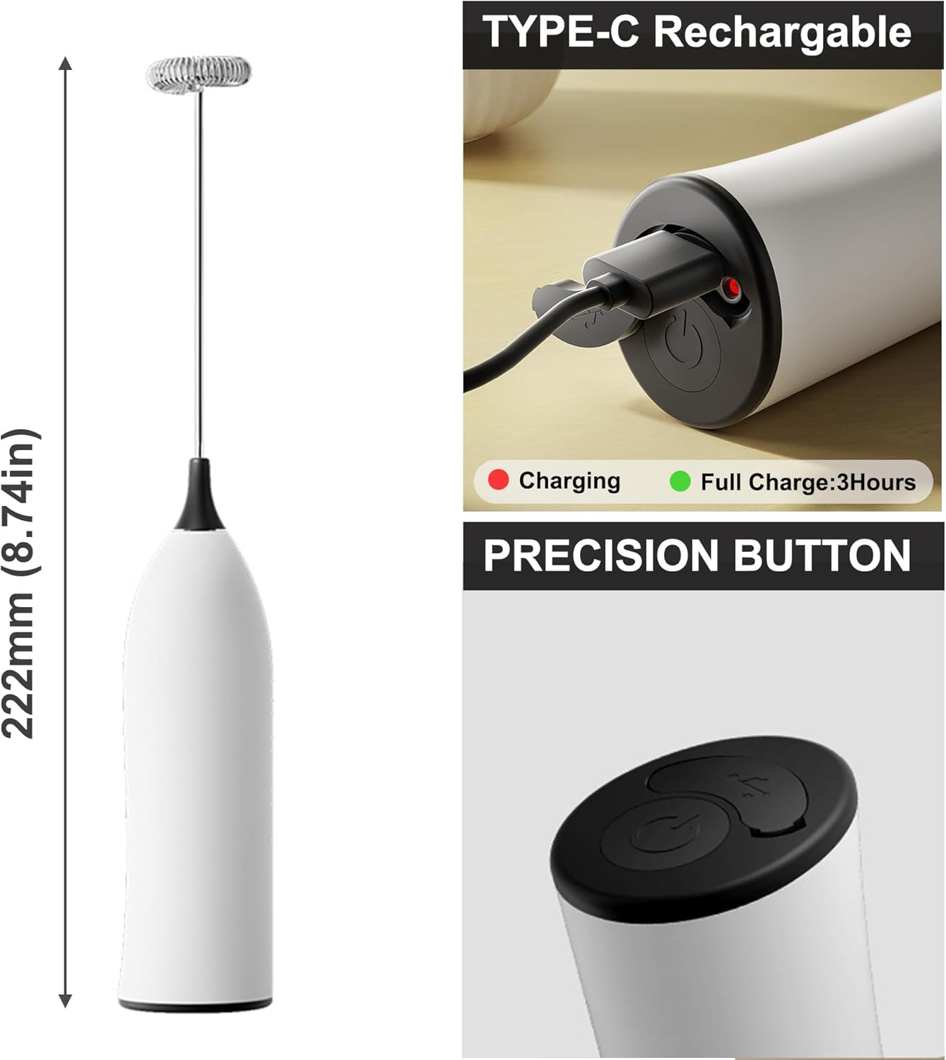 Espumador de café de mano, espumador de mano recargable por USB, espumador de leche de mano ajustable para capuchinos, chocolate caliente, batidos,