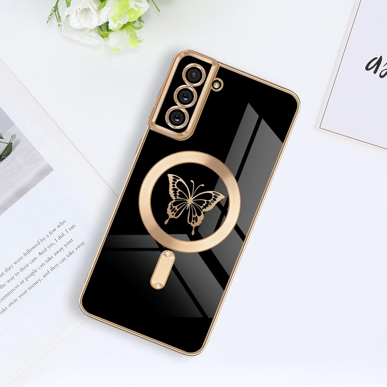 Funda magnética para Samsung Galaxy S21 Plus 5G, bonita funda con borde chapado en mariposa con MagSafe para mujeres, niñas y hombres, TPU suave, a