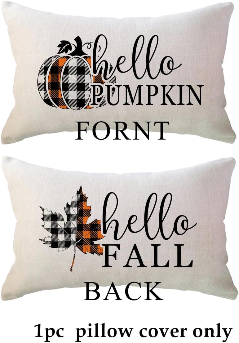 ULOVE LOVE YOURSELF Hello Fall – Fundas de almohada reversibles con estampado de calabaza de búfalo a cuadros de doble cara, funda de cojín lumbar