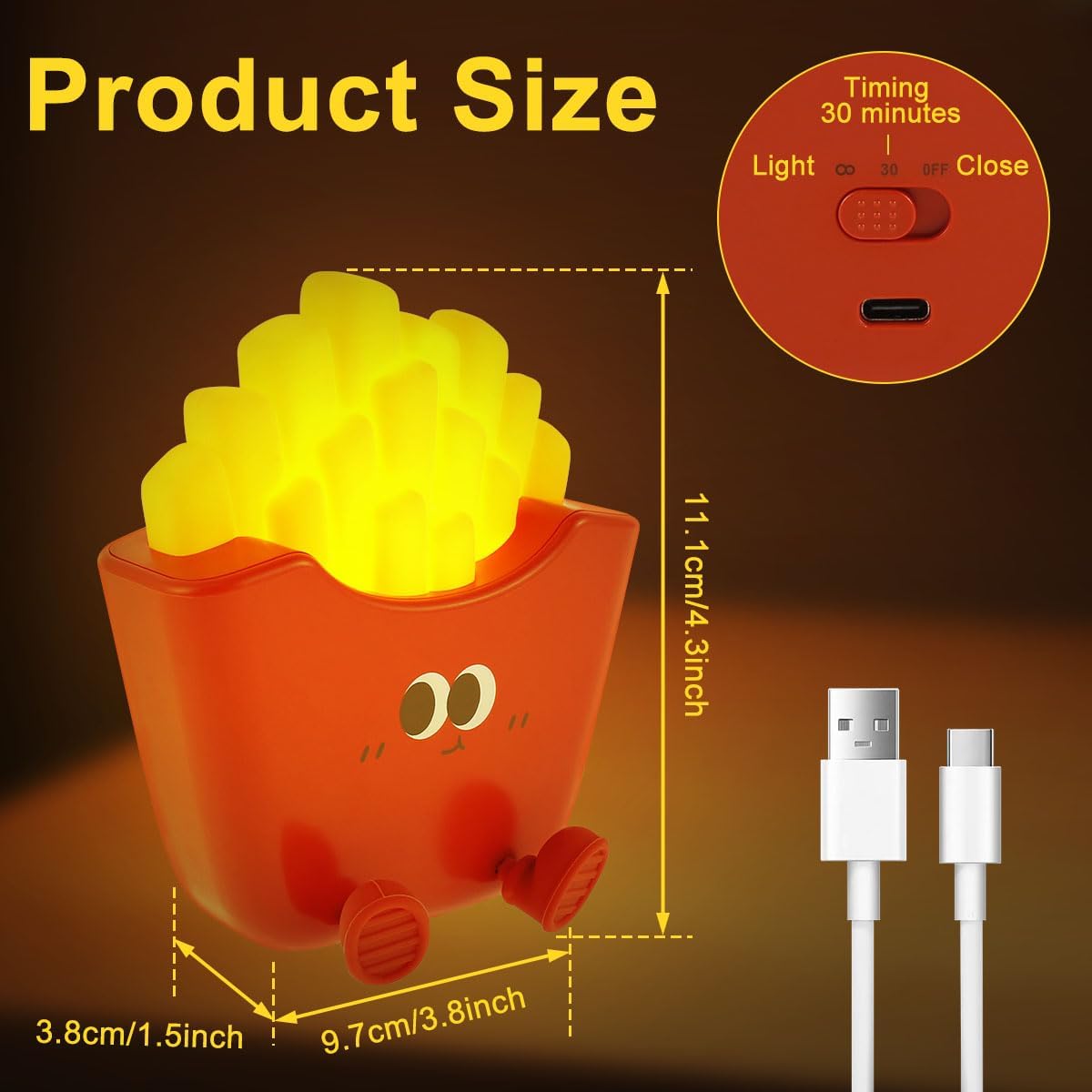 Luz nocturna con forma de papas fritas, 1200 mAh linda luz de noche para dormitorio de niñas, luz táctil recargable con función de sincronización de