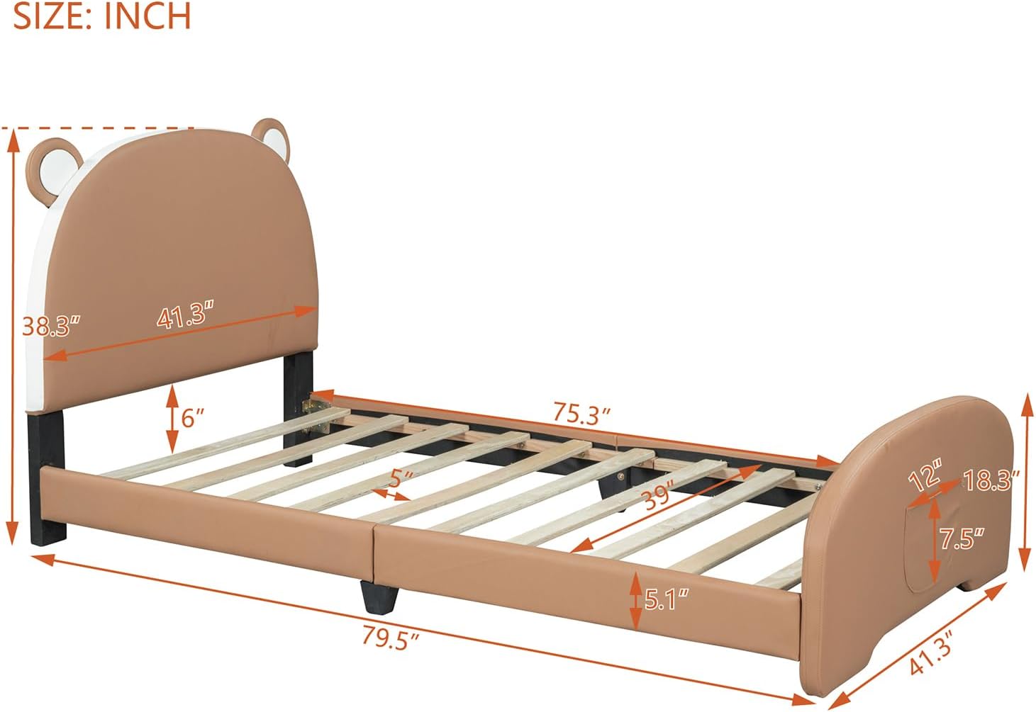 Cama de plataforma tapizada de tamaño individual con cabecero y estribo en forma de oso, marco de cama para niños y niñas y adolescentes,