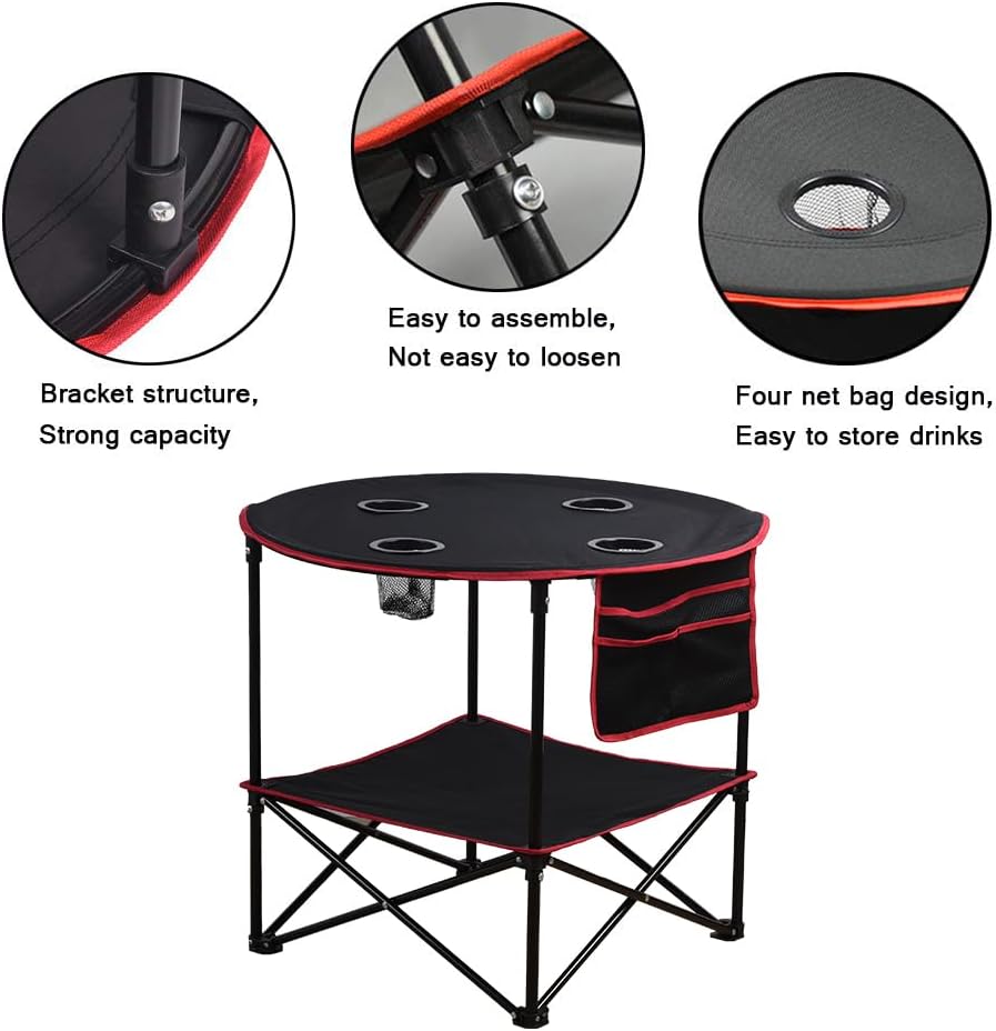 LEADALLWAY Mesa de picnic plegable con 4 portavasos y bolsa de almacenamiento lateral, mesas portátiles plegables de lona plegables con bolsas de
