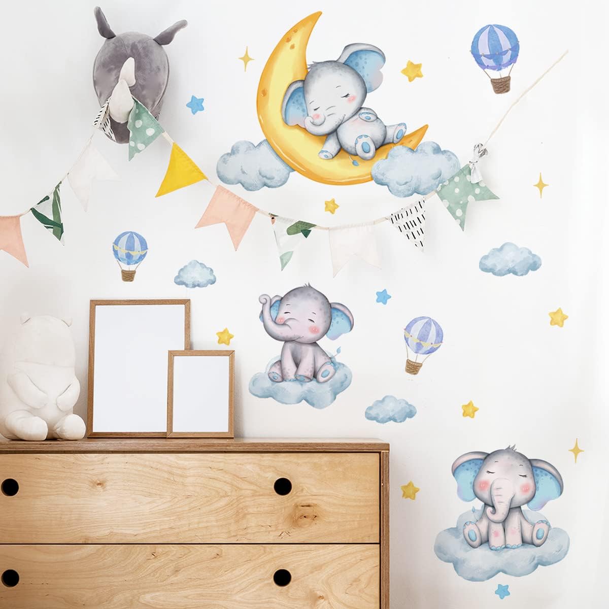Decoración de pared de elefante de ensueño azul, luna dorada, globo aerostático, estrellas, calcomanías de pared para habitación de bebé, habitación