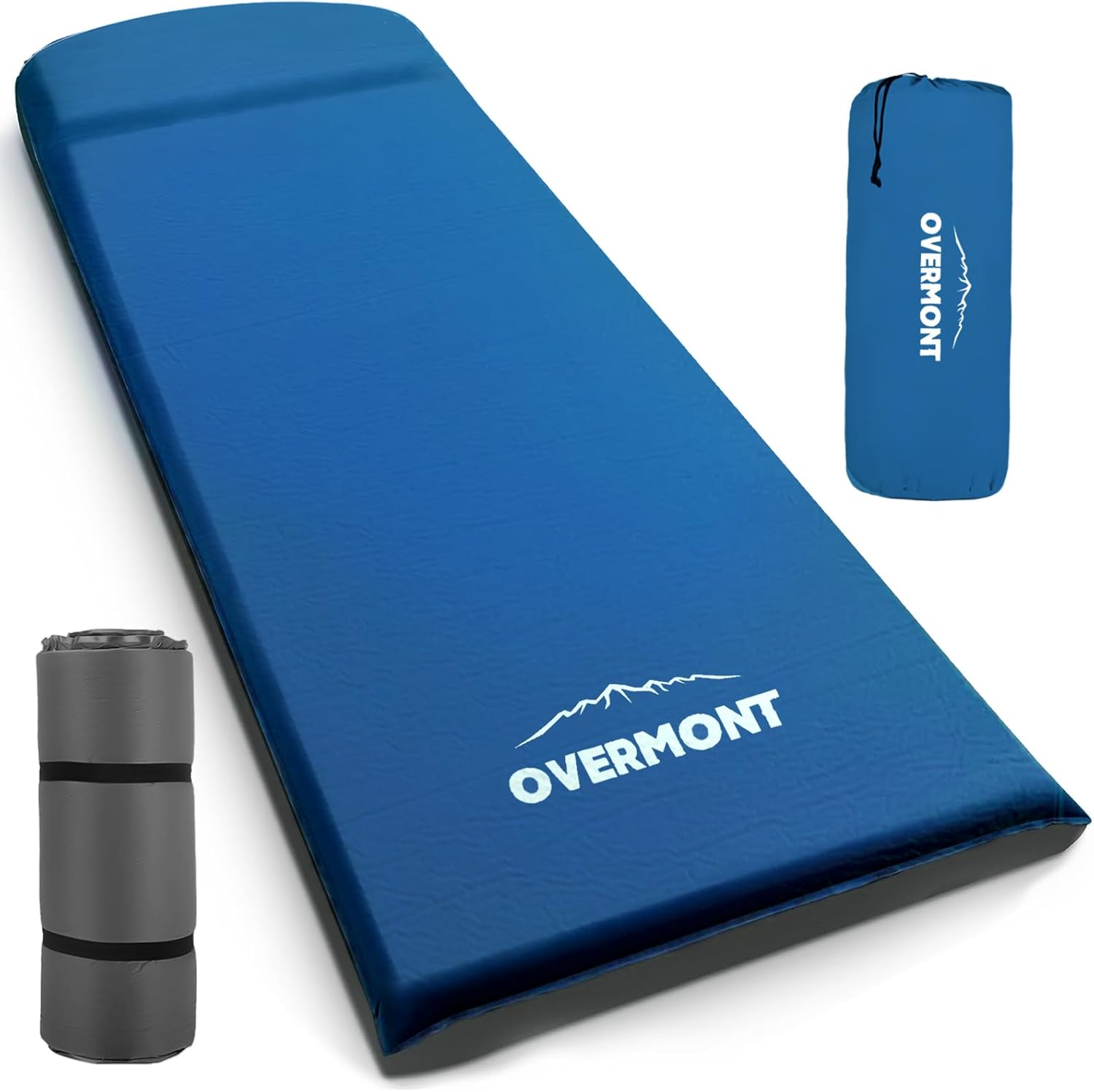 Overmont Colchoneta de dormir autoinflable de 3 pulgadas de grosor con almohada, colchón de espuma ancha, portátil, enrollable, para exteriores,