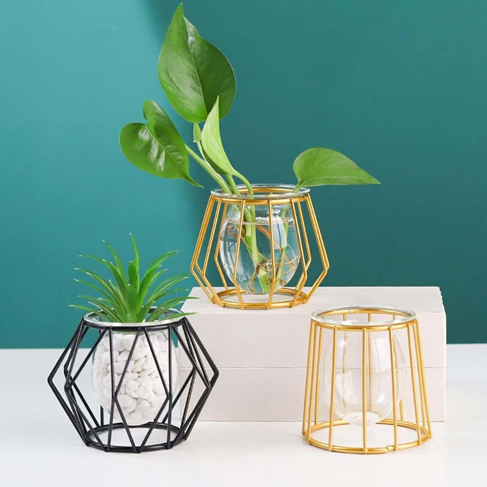 KOPee Nordic Golden Glass Vase Hydroponic Plant Vase Iron Art Flower Pot Desktop Home Decor Ornaments Personality Gift Modern jarrones (Color K,