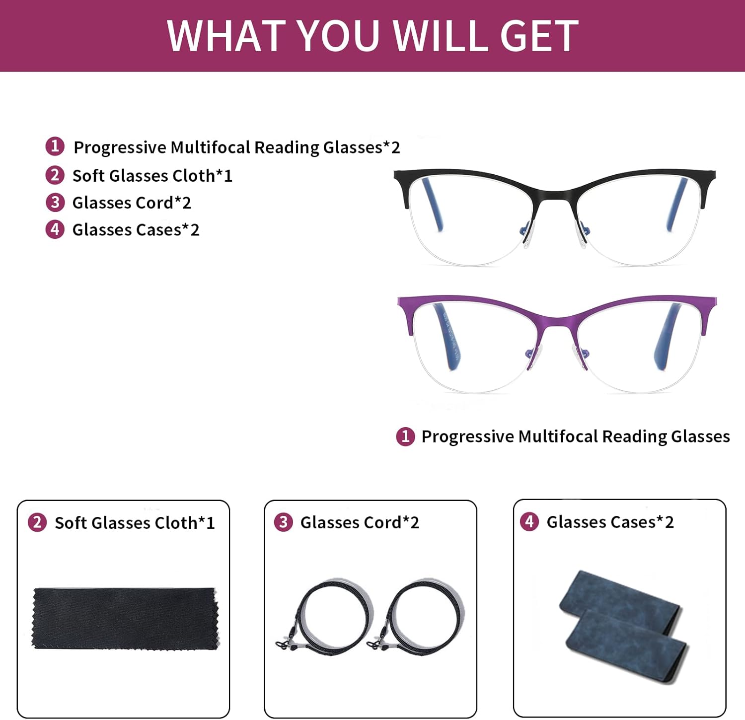 Gafas de lectura multifocales para mujer, progresivas multifocales, luz azul, lector de computadora, ojo de gato, metal, medio marco, sin línea