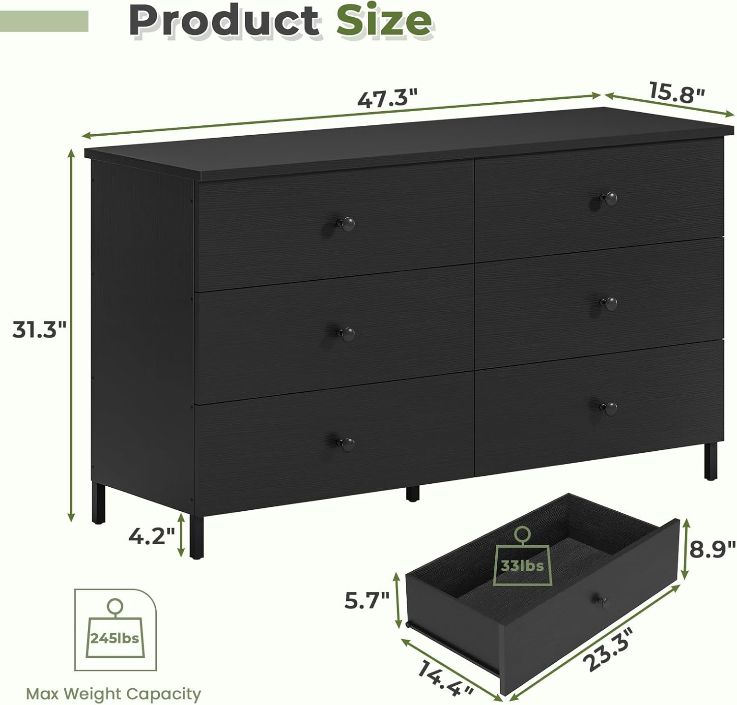 Hasuit Cómoda doble de 6 cajones, cómoda de madera con marco de acero resistente y resistente, cómoda de almacenamiento de gran capacidad, cómoda