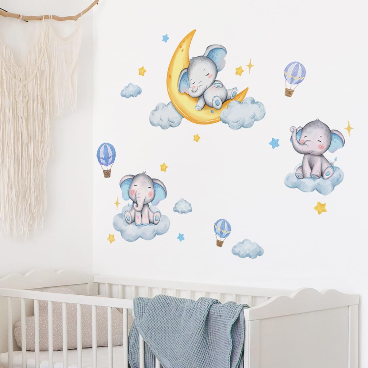Decoración de pared de elefante de ensueño azul, luna dorada, globo aerostático, estrellas, calcomanías de pared para habitación de bebé, habitación