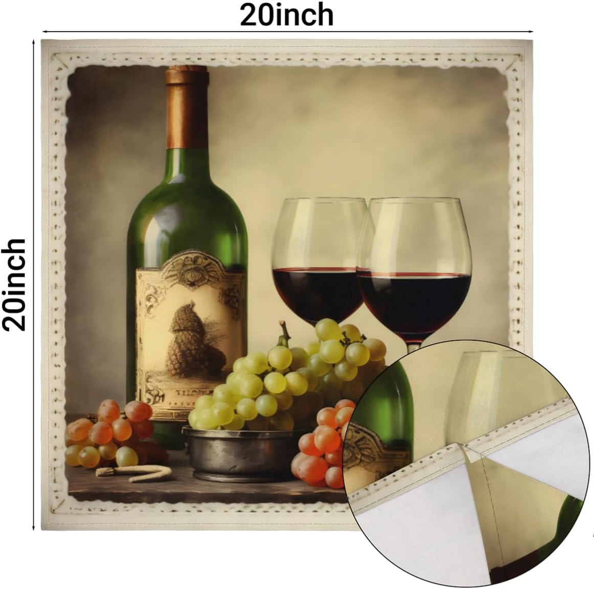 Juego de 6 servilletas de tela de copa de vino tinto de 20 x 20 pulgadas, servilletas de tela de uva, botella de vino de uva, lavables,