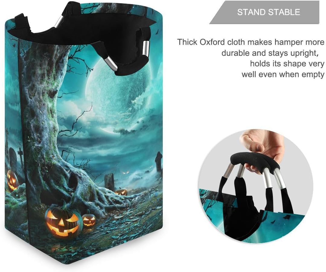 Cesta grande de noche espeluznante de Halloween con luna llena, bolsa de lavandería plegable, con asas para lavandería, dormitorio, decoración del