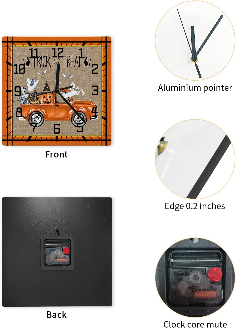 Wall Clock Orange Truck With Pumpkin Battery Operated Clocks Wooden Silent Non-Ticking Wallclock 10 Inch Black Cat Bat Square Wall Clock for Living