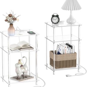 Eglaf Mesa auxiliar de acrílico con estación de carga, juego de 2 mesas auxiliares de carga de 3 niveles, mesita de noche transparente con puertos Eglaf Mesa auxiliar de acrílico con estación de carga, juego de 2 mesas auxiliares de carga de 3 niveles, mesita de noche transparente con puertos