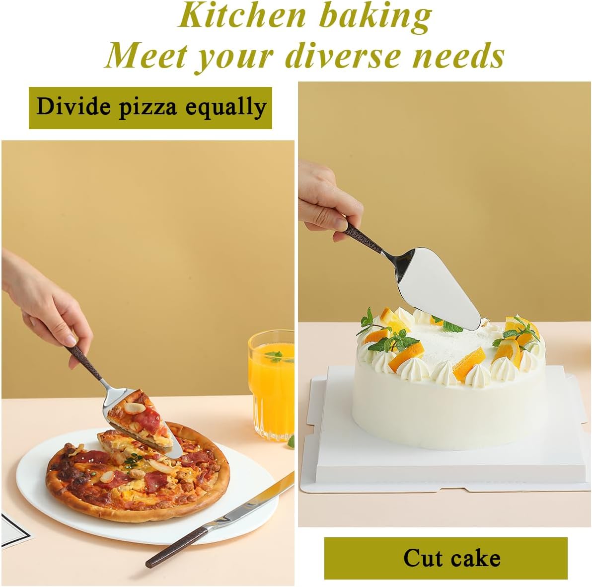 Juego de cuchillos y servidores para tartas de boda, mango marrón y cabeza plateada brillante para tartas para todos los días, bodas y cumpleaños,