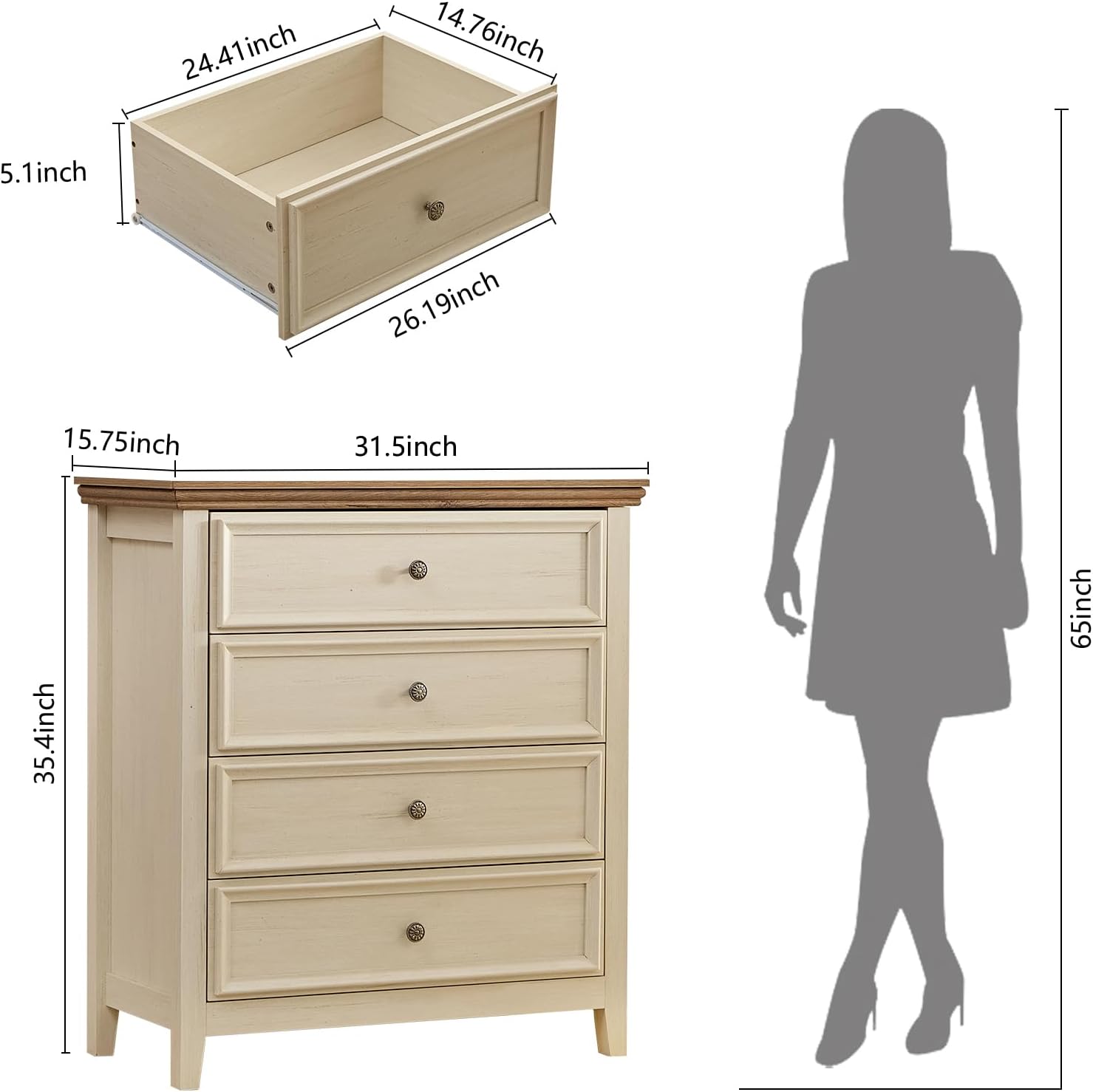 VAWEP Cómoda para dormitorio, 4 cajones, cómoda moderna de 4 cajones para sala de estar, armario de almacenamiento beige, mesita de noche alta para