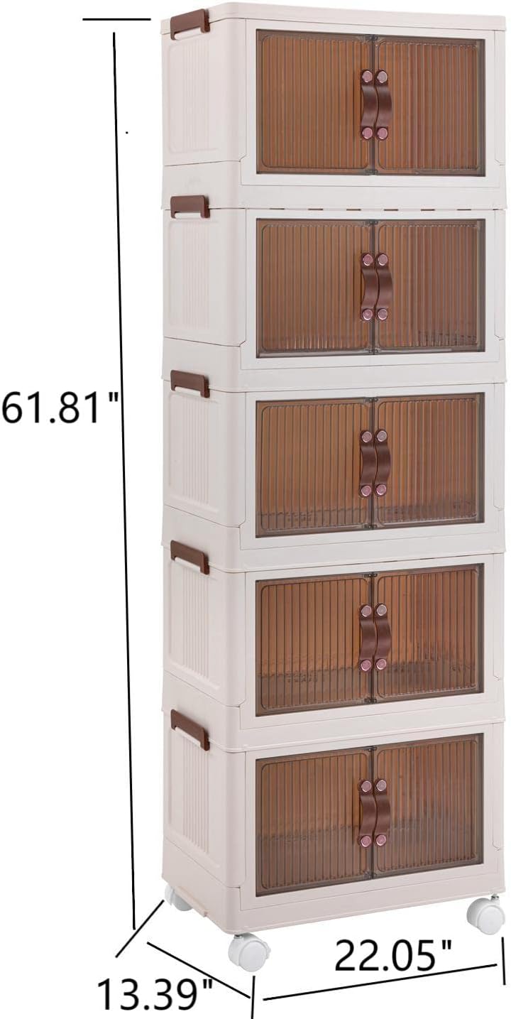 MUMUPACK Contenedores de almacenamiento de plástico de 5 niveles con ruedas de 14 galones, contenedores de almacenamiento apilables con puertas,