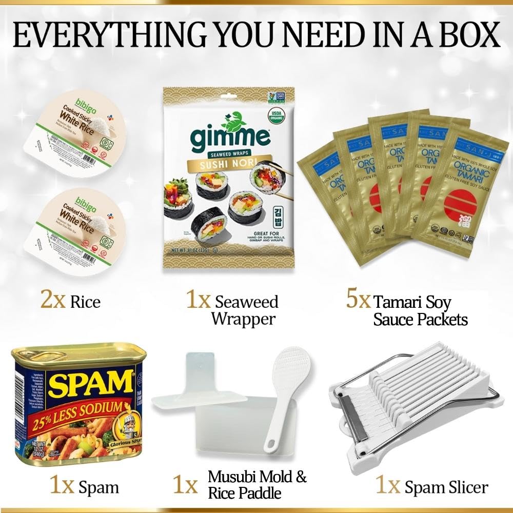 Kit de moldes Musubi (paquete de 7) con prensa Musubi, paleta de arroz, cortador de spam, spam bajo en sodio, arroz, envoltura de algas marinas y